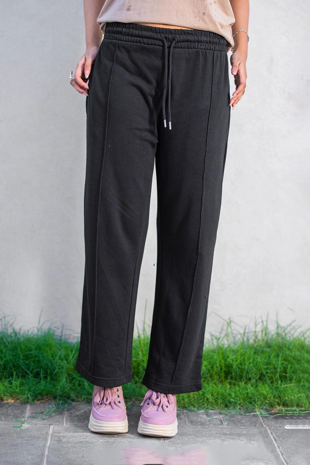 Black Drawstring Trousers for Daily Comfort - Straight-Leg Style EW-000955