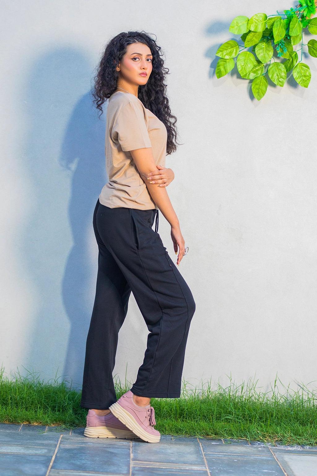 Black Drawstring Trousers for Daily Comfort - Straight-Leg Style EW-000955